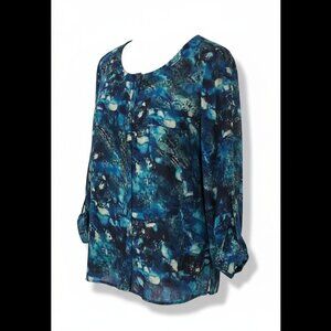 Anne Klein Women’s Large Blue Abstract Print Blouse 3/4 Sleeve Tunic Top